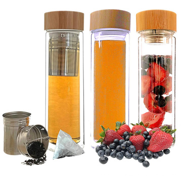 Botella de agua del filtro del infusor de la fruta del té del vidrio de borosilicato de la pared doble de la tapa de bambú de la aduana 500ml